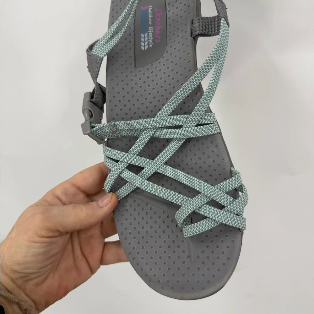 Skechers Women's Reggae - Irie athletic sandals in the Gray/Aqua colorway 10